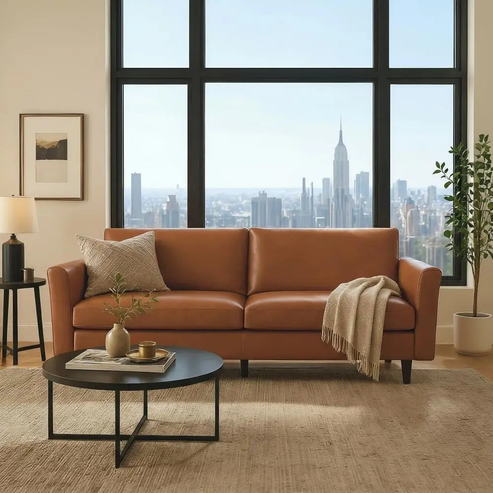 Leather Sofa with Rolled Arms and Deep Seating