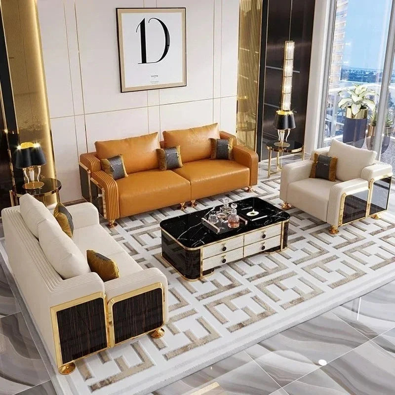Modern Luxury Leather with Wooden Sofa Set
