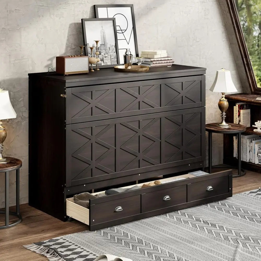 Wooden Queen-Size Murphy Bed with Large Drawers and USB Ports, Brushed Finish