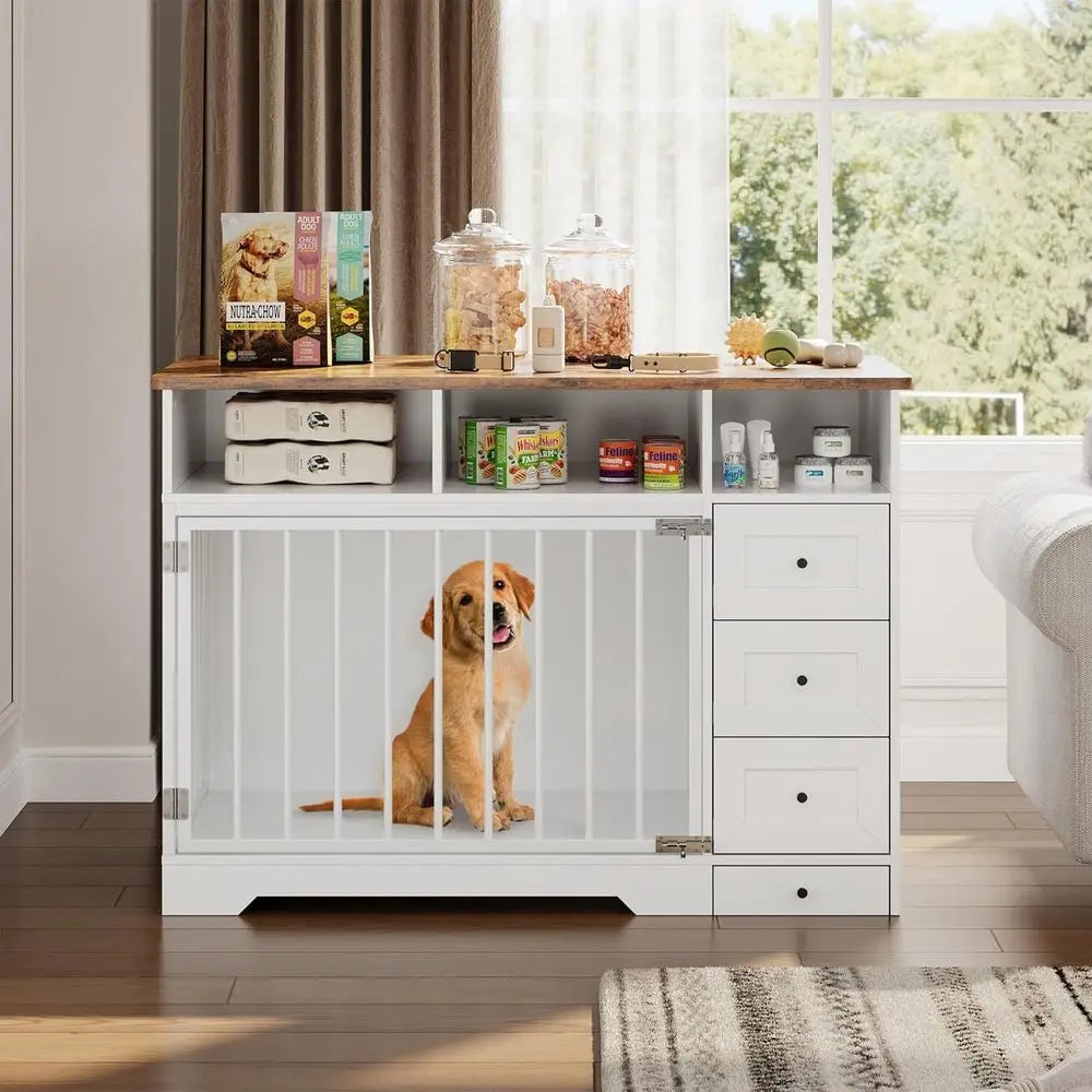 Durable Wooden Dog Crate with Bowl Holder & Storage Drawers, Suitable for Large Breeds, Indoor Pet Cage