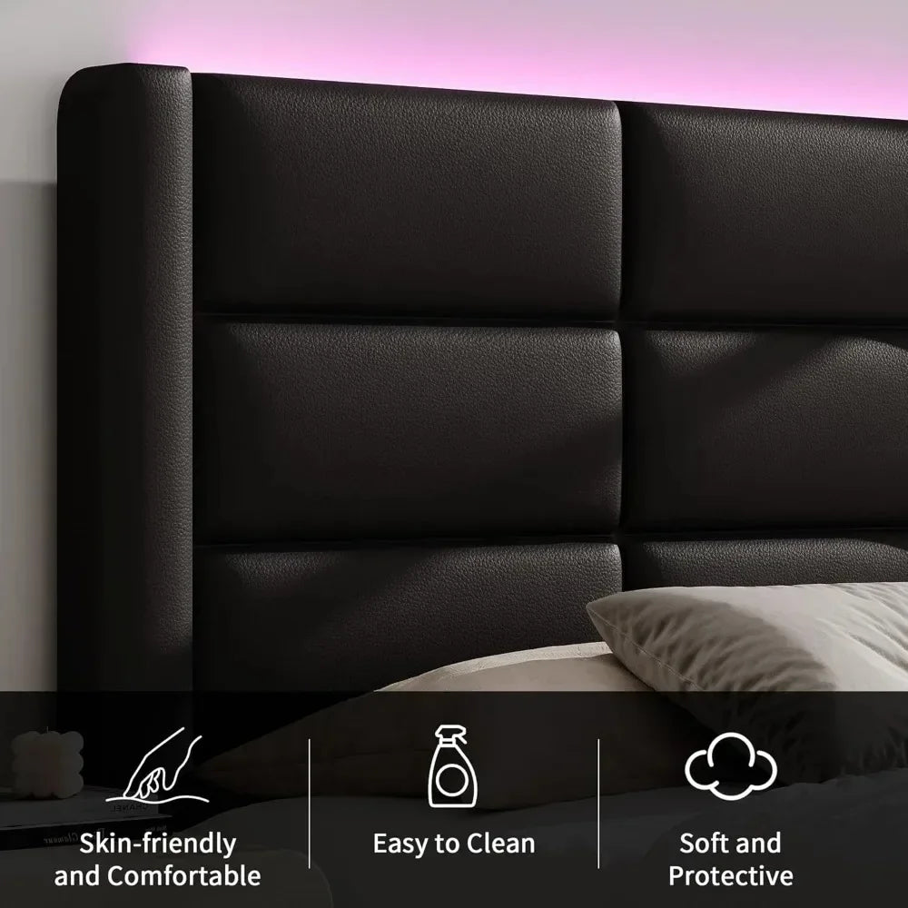 Queen LED Bed Frame with Headboard, Faux Leather Upholstery, Wooden Slats Support, Easy Assembly Black