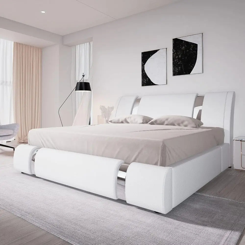 Queen Size Platform Bed with Iron Piece Decor, Leather Upholstered Bed with Curved Adjustable Board, Wooden Slats Support, No Bo