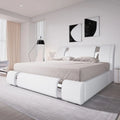 Queen Size Platform Bed with Iron Piece Decor, Leather Upholstered Bed with Curved Adjustable Board, Wooden Slats Support, No Bo