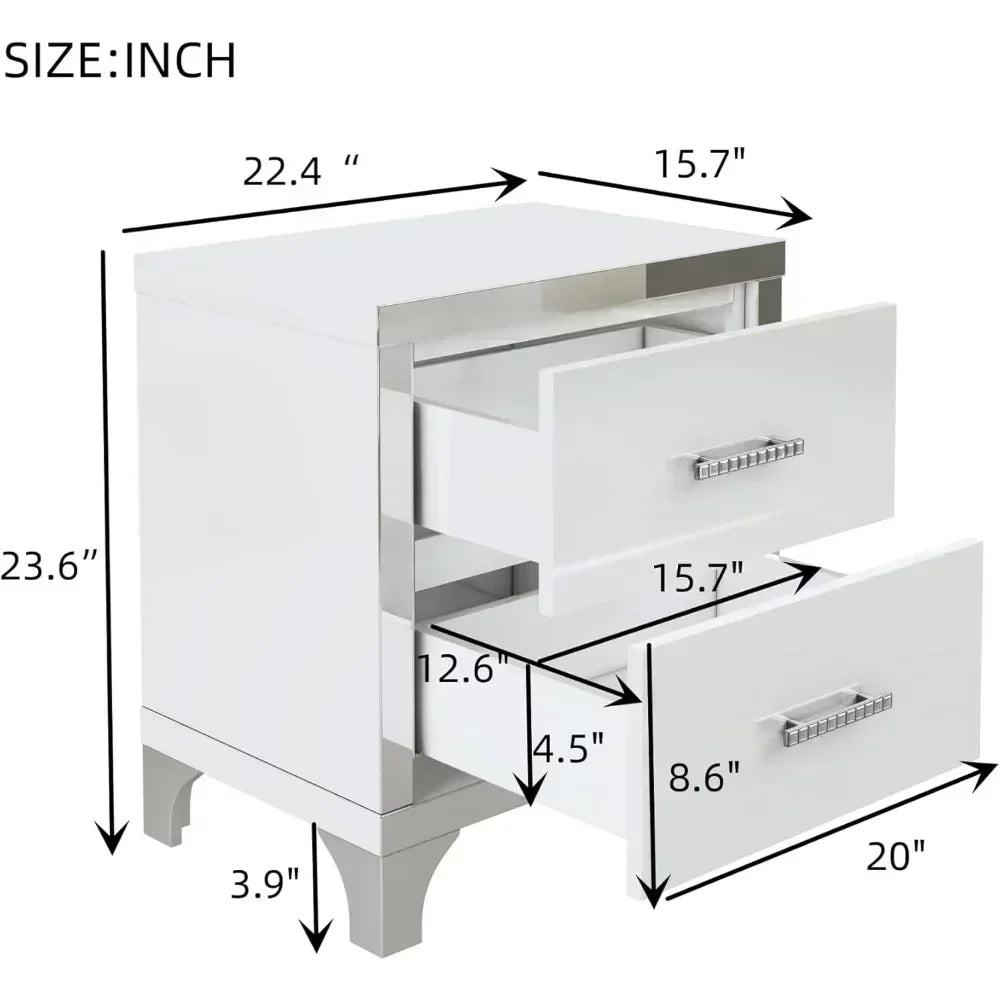 White High Gloss 2-Drawer Mirrored Nightstand