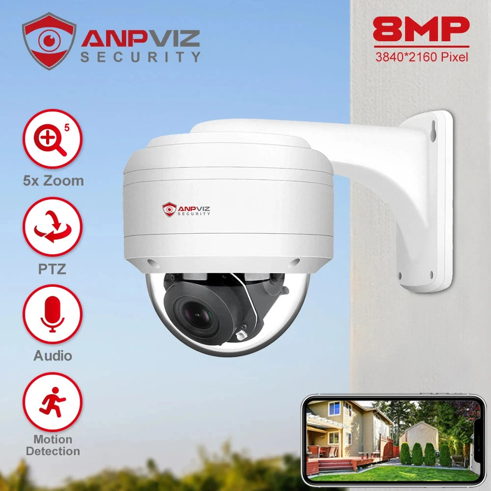Smart 4k 8MP POE IP PTZ Camera 5X Optical  Zoom Audio Camera