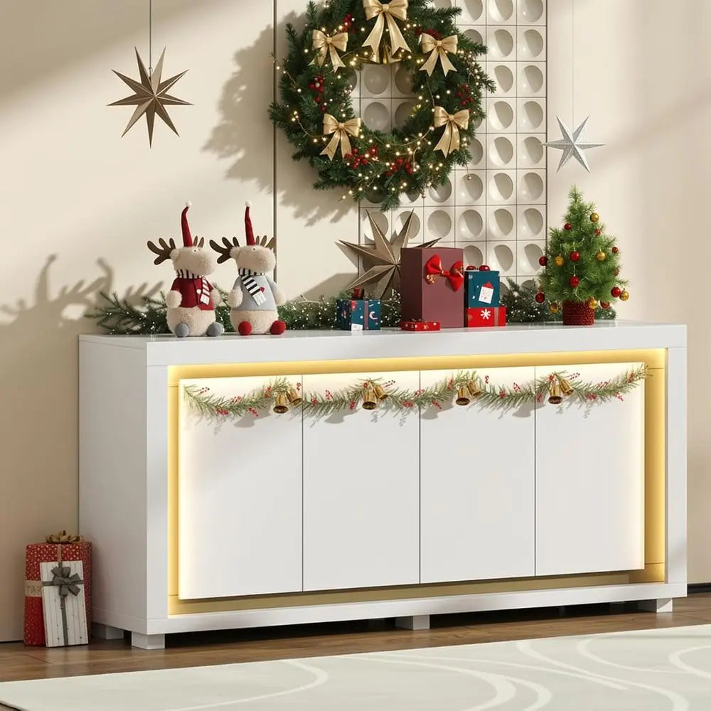 Kitchen Sideboard Cabinet with Power Outlets, LED Light, 4 Doors - White