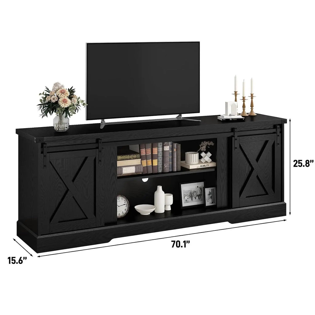 Farmhouse TV Stand 70/75/80 Inch, Entertainment Center With Sliding Barn Doors, Storage Console Living Room, Black, Customized