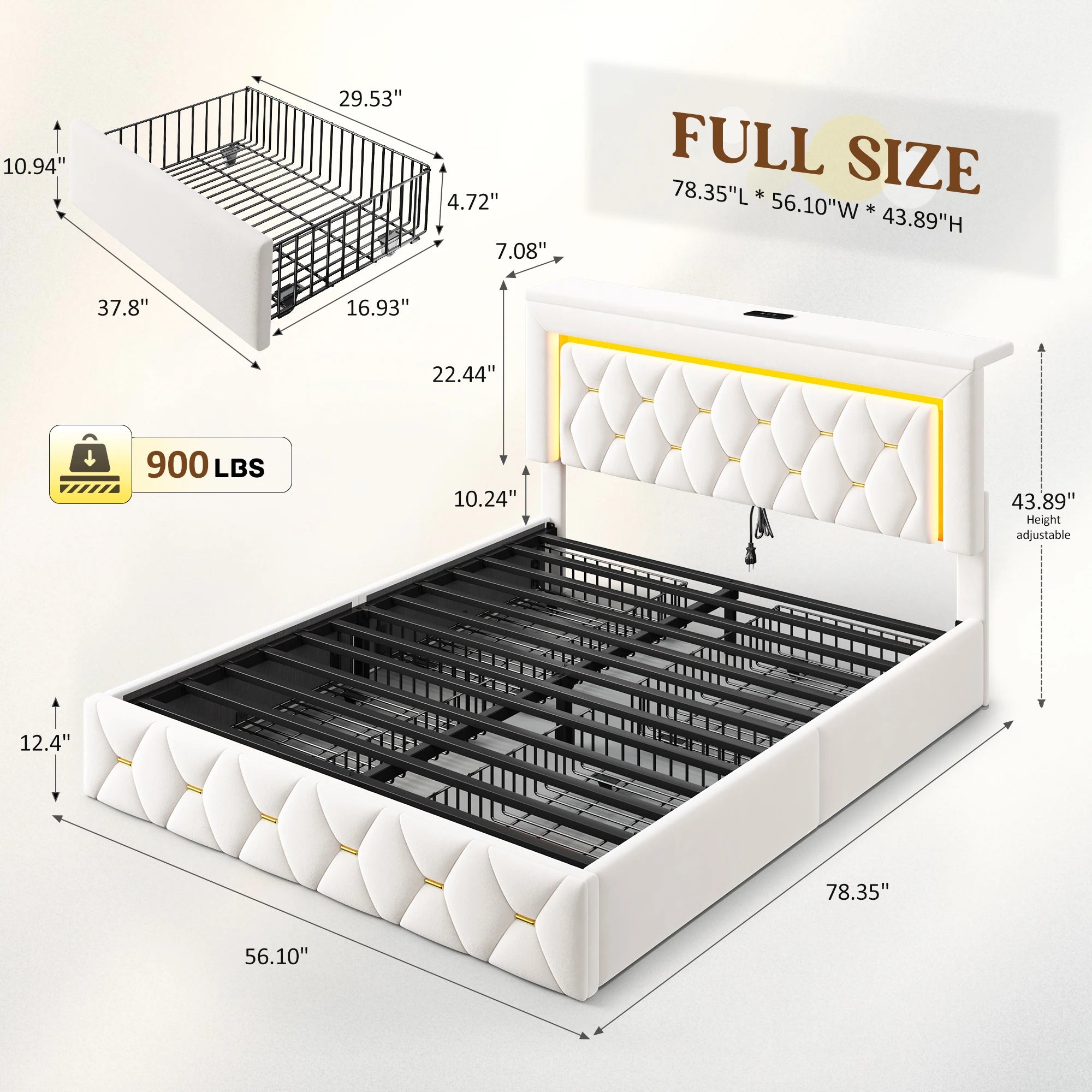 LED Bed Frame with 4 Storage Drawers Platform Bed
