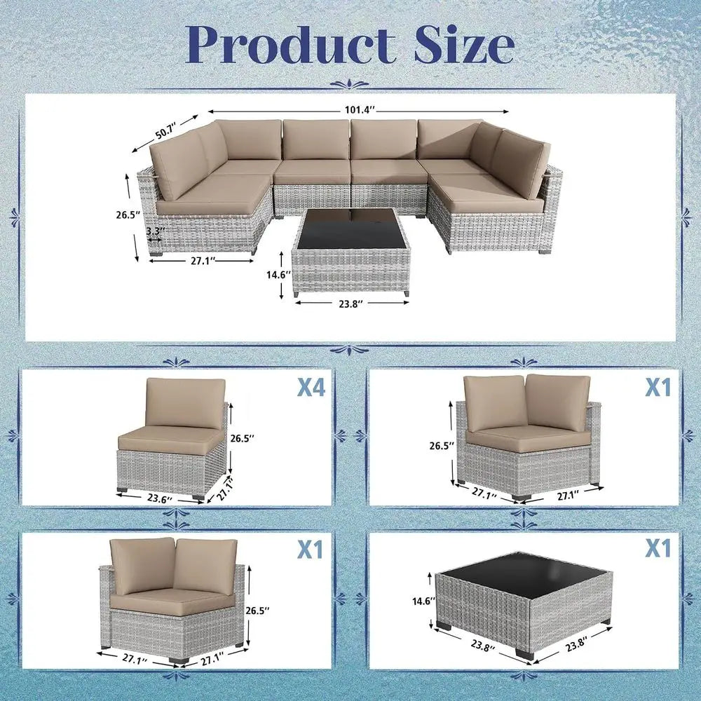 7-Piece Patio Furniture Set, All-Weather PE Rattan Outdoor Sectional Soa, ular Wicker Contion Set with Thick Cushions & Easy-Clea