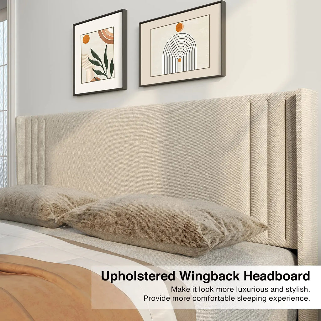 Queen Bed Frame with Wingback Headboard, Upholstered Platform Bed, Wooden Slats, Noise-Free, No Box Spring Needed,, Customized
