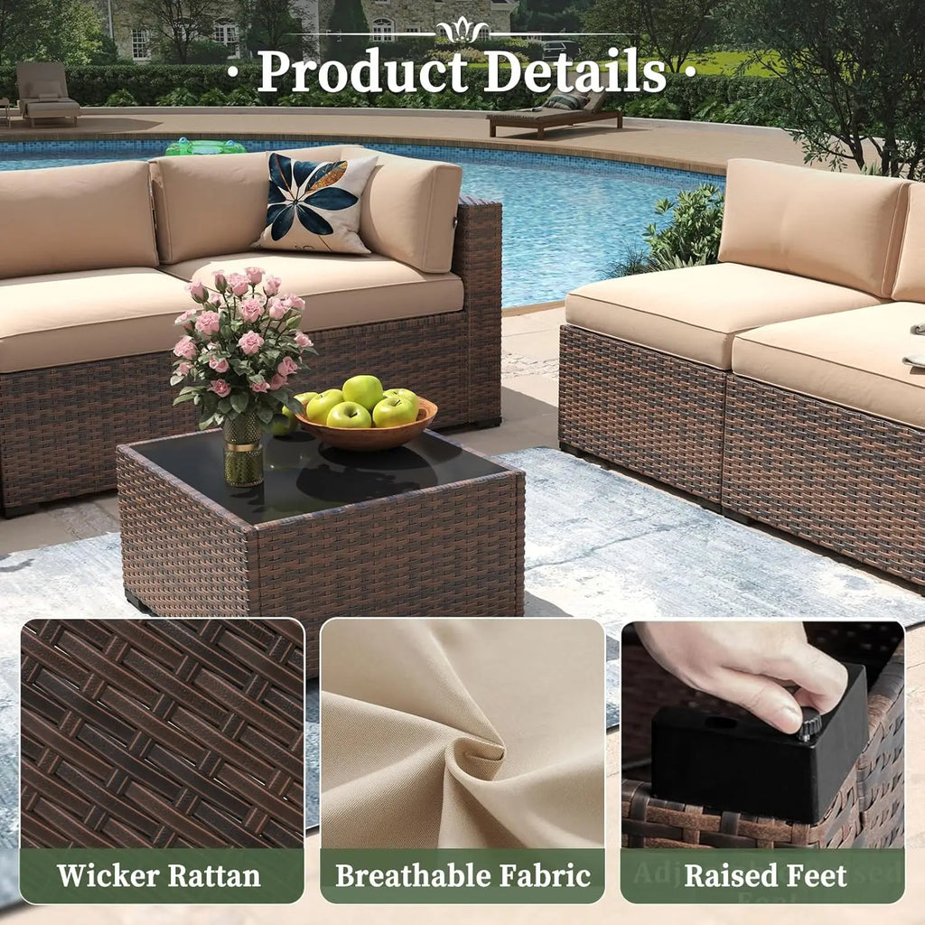 7 Piece Patio Set Wicker Rattan Sectional Sofa Set with Coffee Table