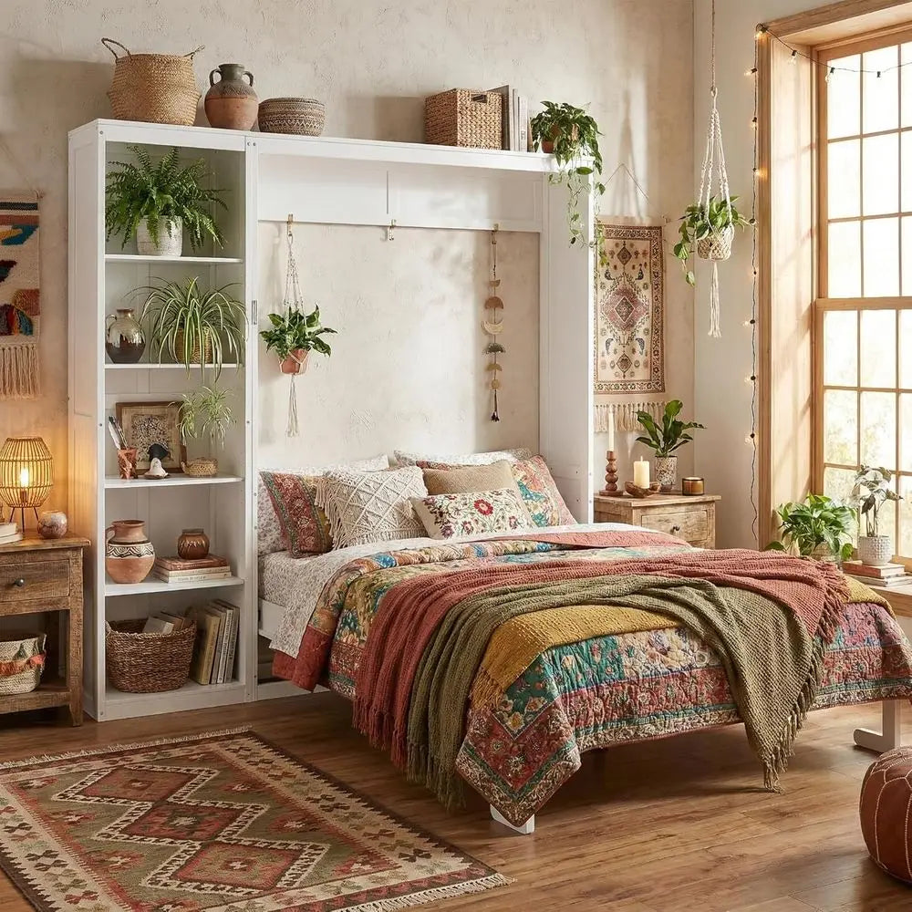 White Queen-Size Wall-Mounted Murphy Bed