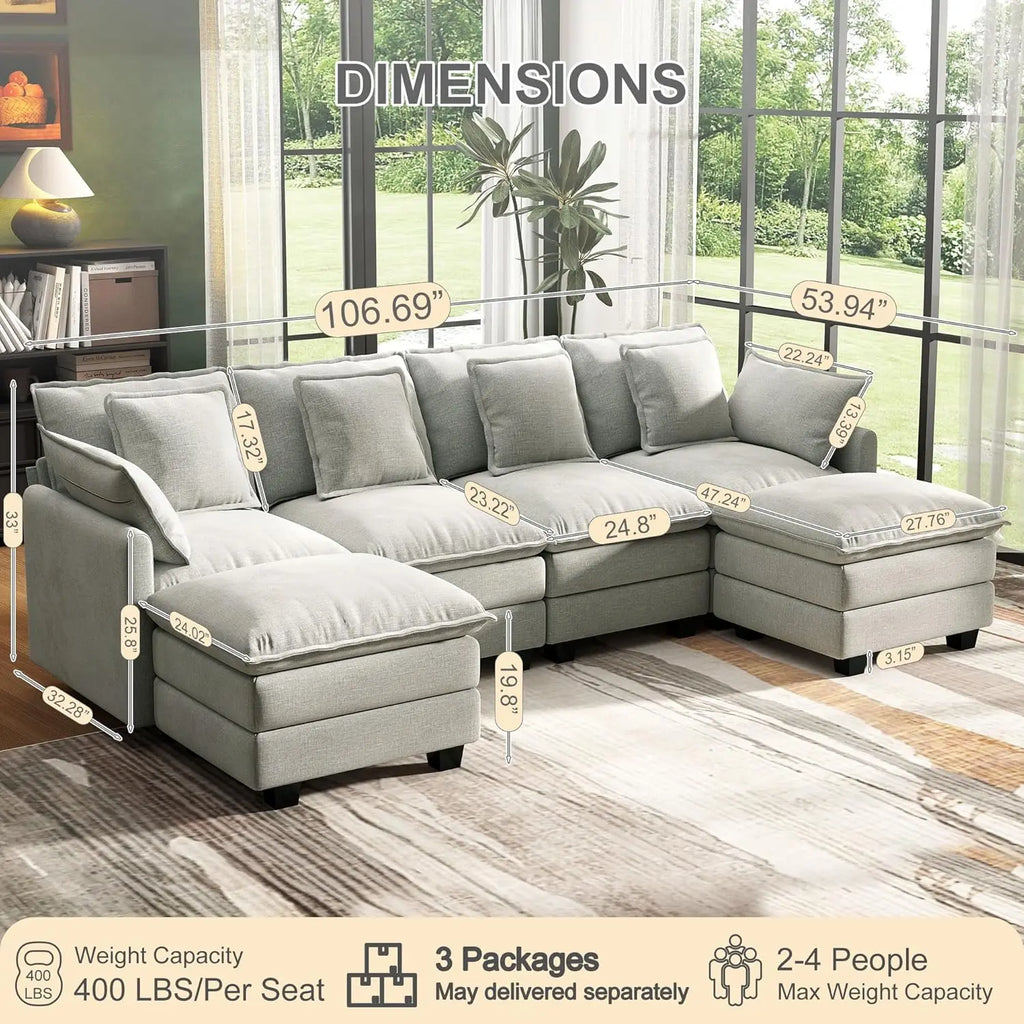 U Shaped Modular Sectional Sofa Deep Seat 4 Seat with 6 Washable Pillows