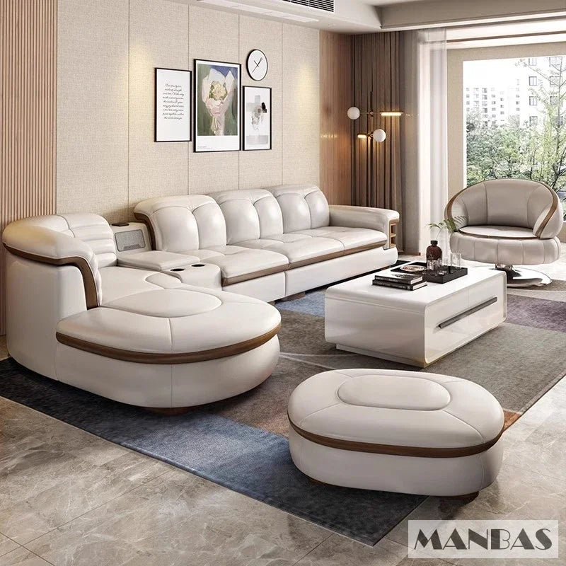 Luxury L-Shaped Genuine Leather Sectional Sofa Sets with USB, Bluetooth Speaker