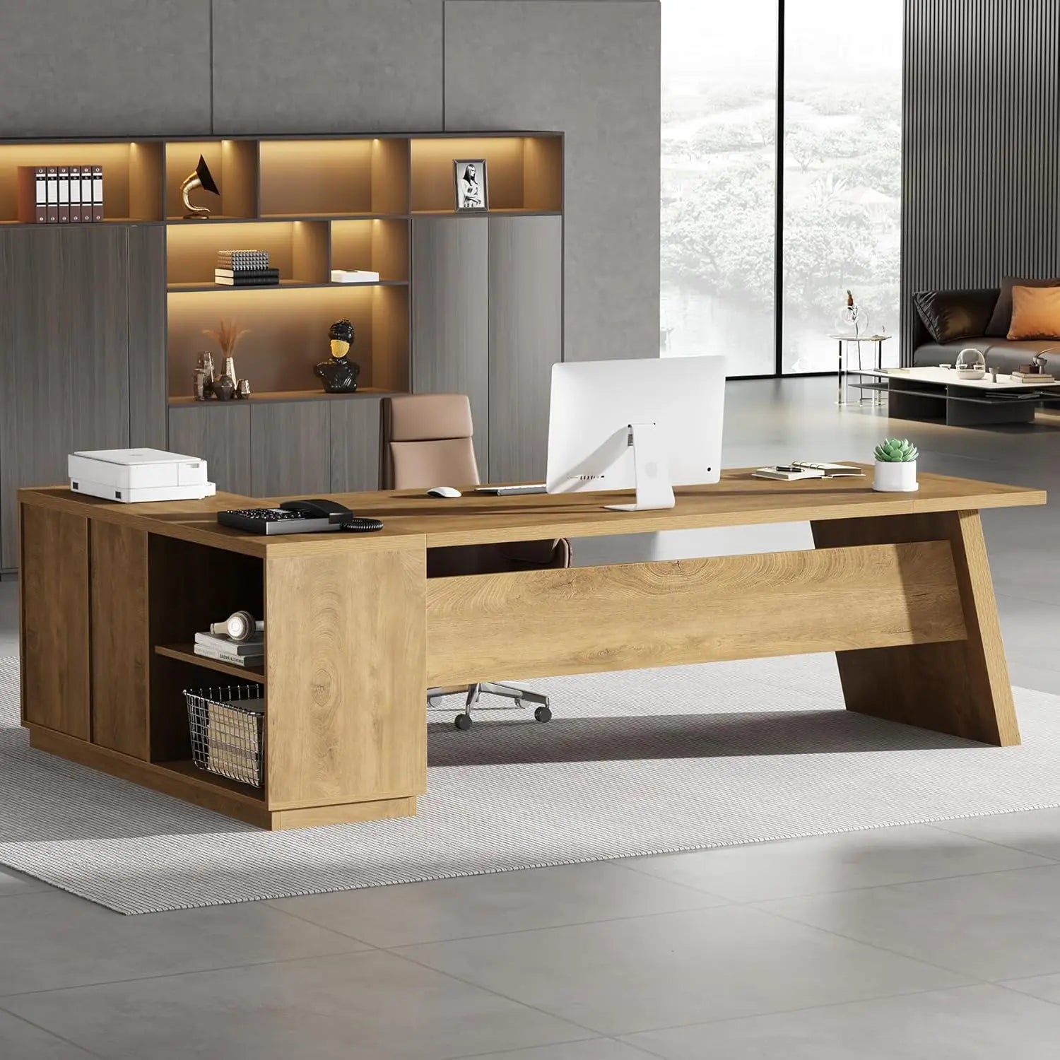L-Shaped Executive Desk with Drawers & File Cabinet