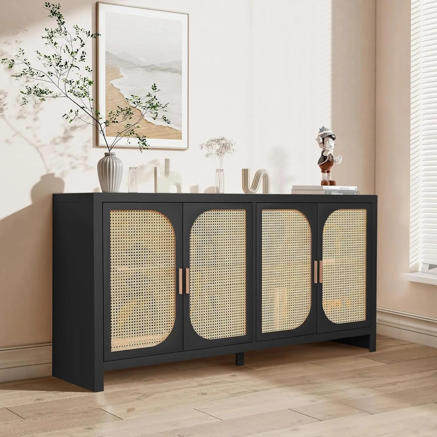 Sideboard Buffet Cabinet With Storage, Wooden Cabinet With 4 Doors Adjustable Shelves, For Kitchen, Dining, Customized