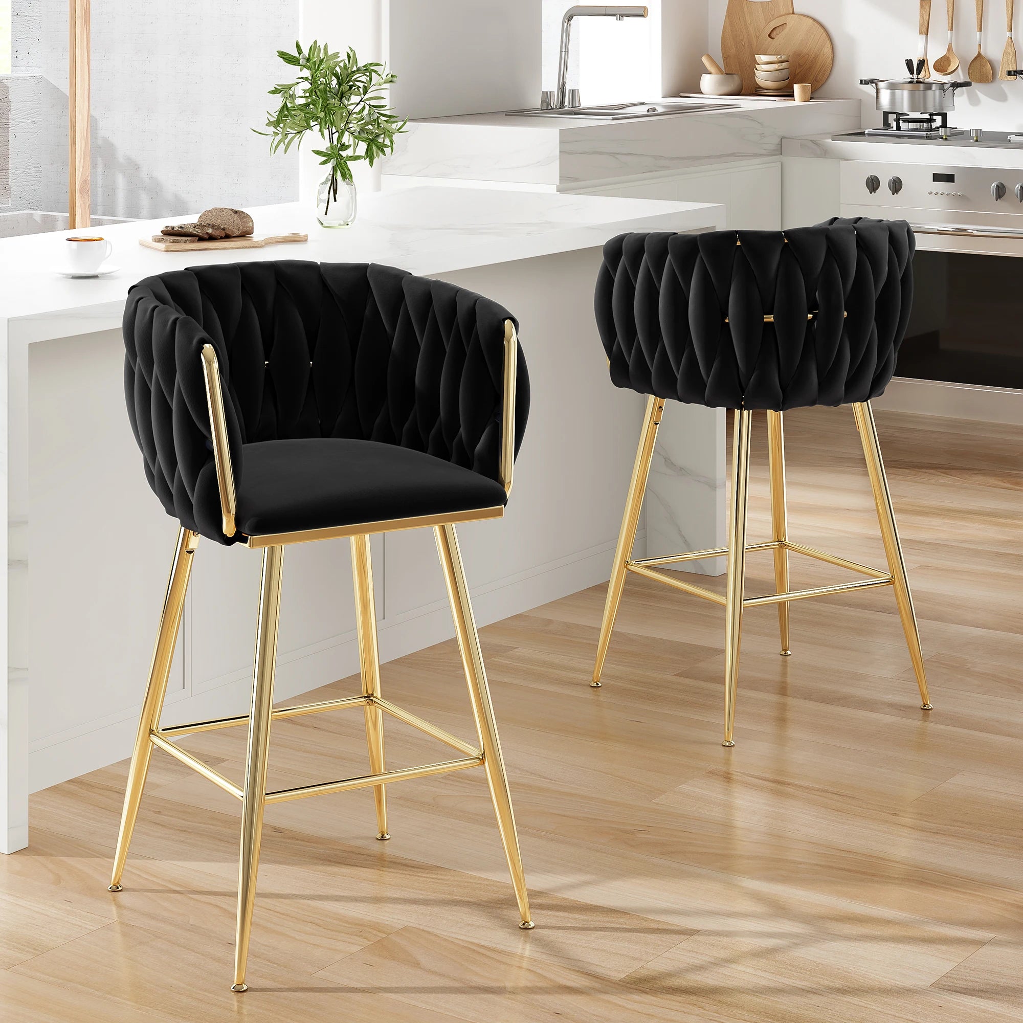Set of 2 26" Bar Stools, Modern Kitchen Stools with Back, Metal Legs