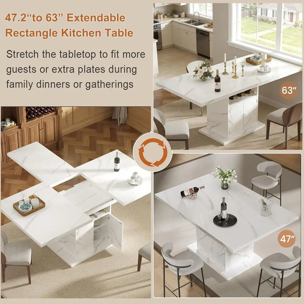 Expandable Marble Top Dining Table, Seats 4-6, 47-63 Inches with Storage