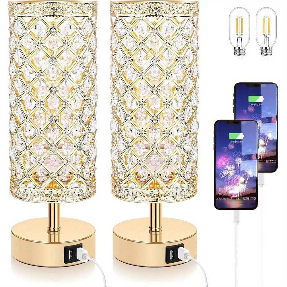Set of 2 Modern Touch Control Table Lamps with USB- Ports