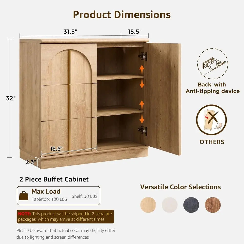 63 Natural Oak Sideboard Buffet Cabinet with Storage and Arched Doors for Living Room, Kitchen, or Entryway