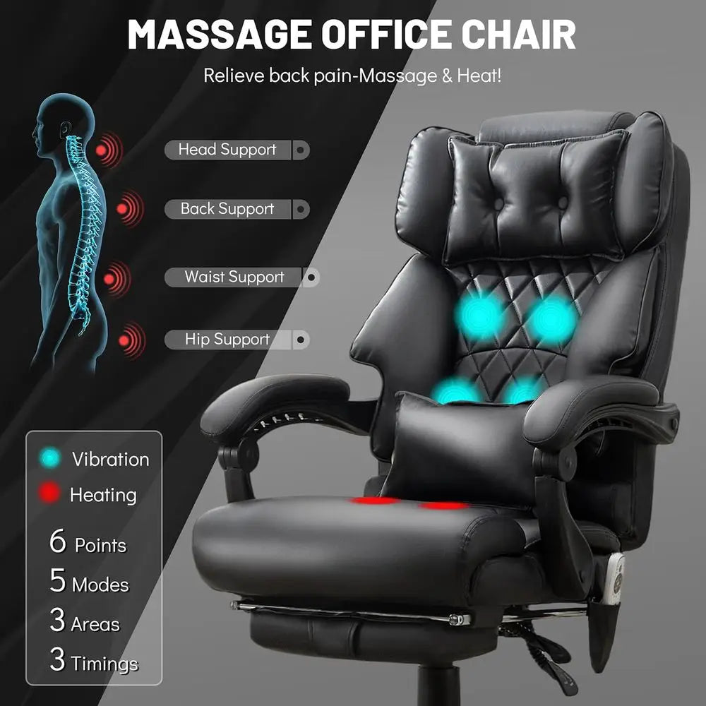 Ergonomic Vibration & Heat Massage Office Chair, 6 Points, 500 lbs Capacity, Dual-Use Pillow, Suitable for Home & Office, Black