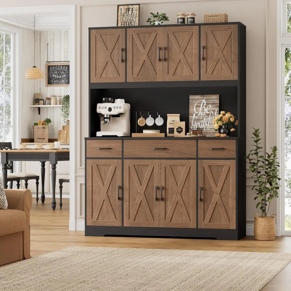 71" Tall Pantry Cabinet with Charging Station, 55" Wide Kitchen Storage, Hutch with Drawers, Brown/Black