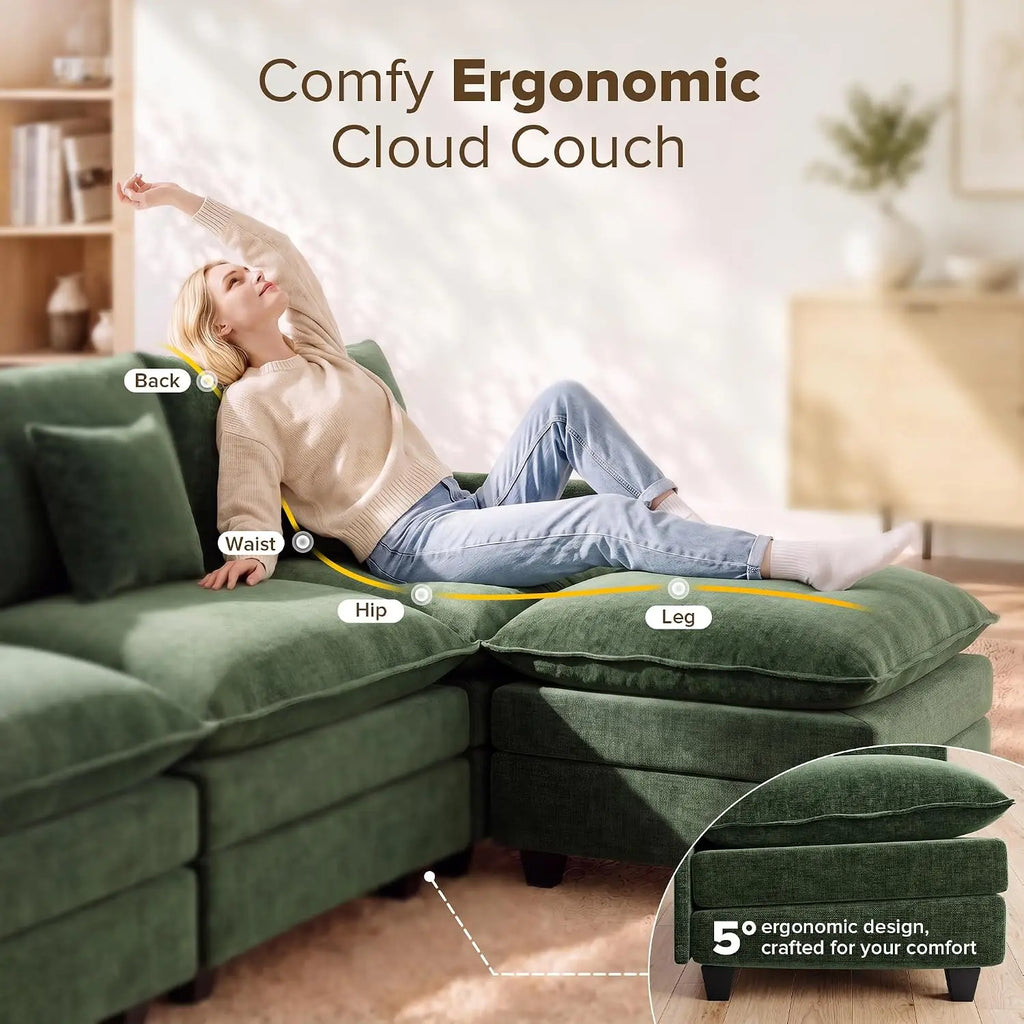 108 Inch Cloud Couch Sectional, Modular Sectional Sofa with Ottoman, Green