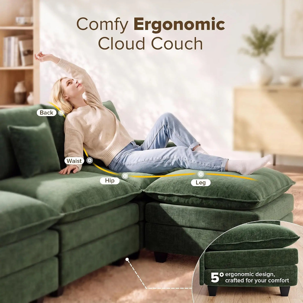 108 Inch Cloud Couch Sectional, Modular Sectional Sofa with Ottoman, Green