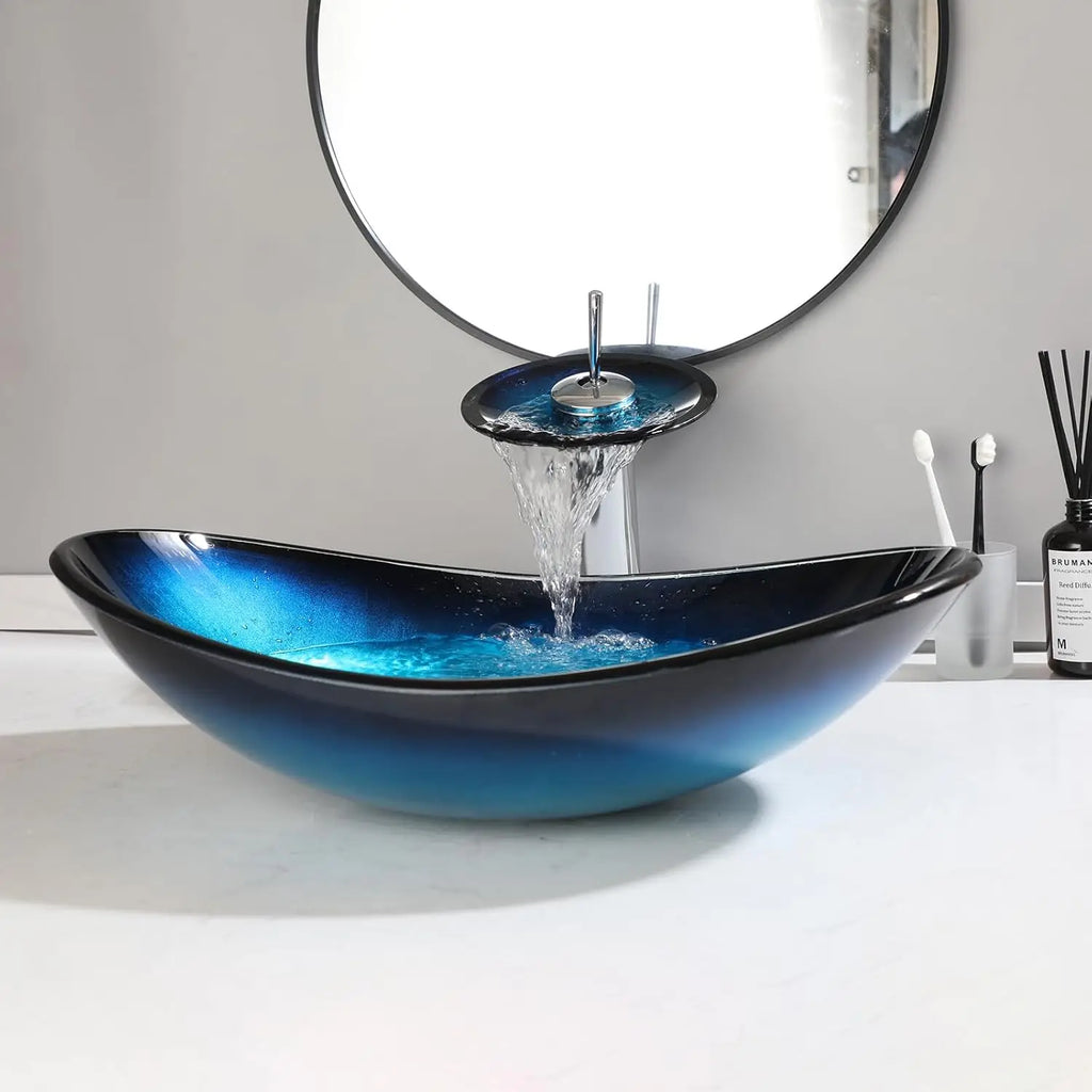 Oval Blue Bathroom Vessel Sinks With Faucet