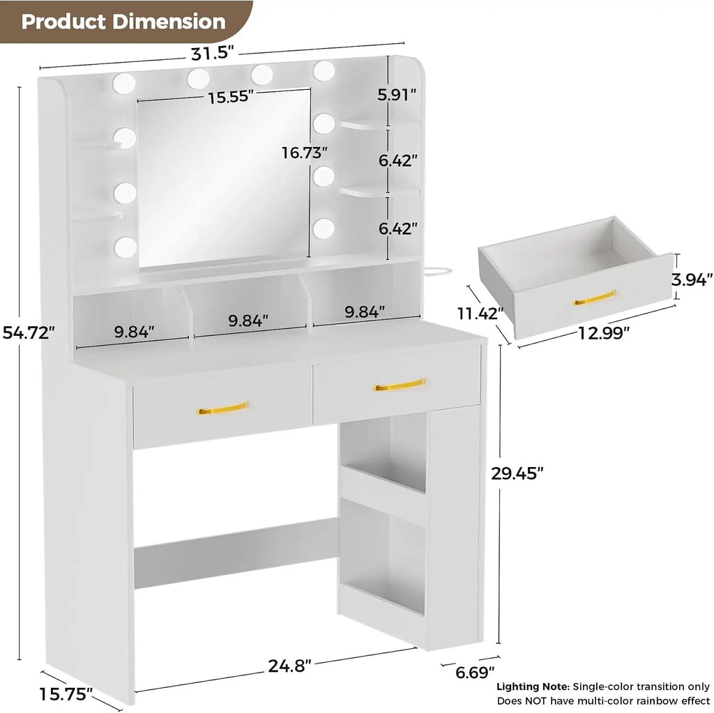 Vanity Desk with Lighted Mirror and Power Outlet, RGB LED Lights