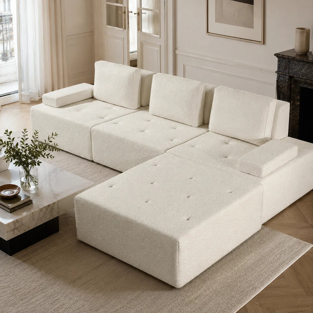 Modern L Shape Sectional Sofa Cream White Fabric Deep Seat Cloud