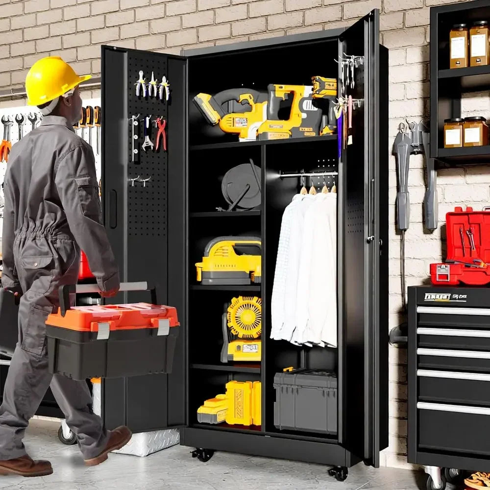 Tall Broom Closet Storage Cabinet with Lock,Heavy Duty Garage Storage Cabinet,Large Cleaning Cabinet with Adjustable Shelves am
