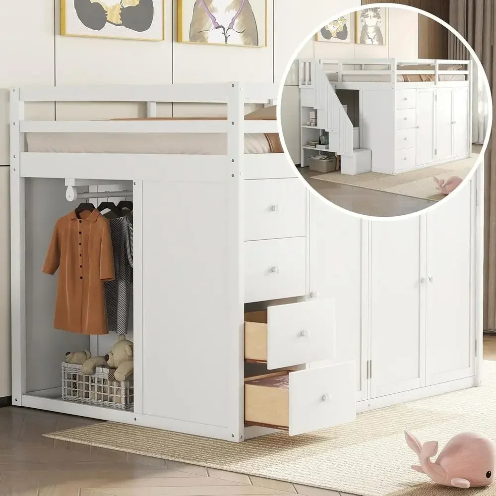 White Full Loft Bed with Stairs, Wooden Bed Frame, Storage and Cabinet, Suitable for Kids, Teens, and Adults