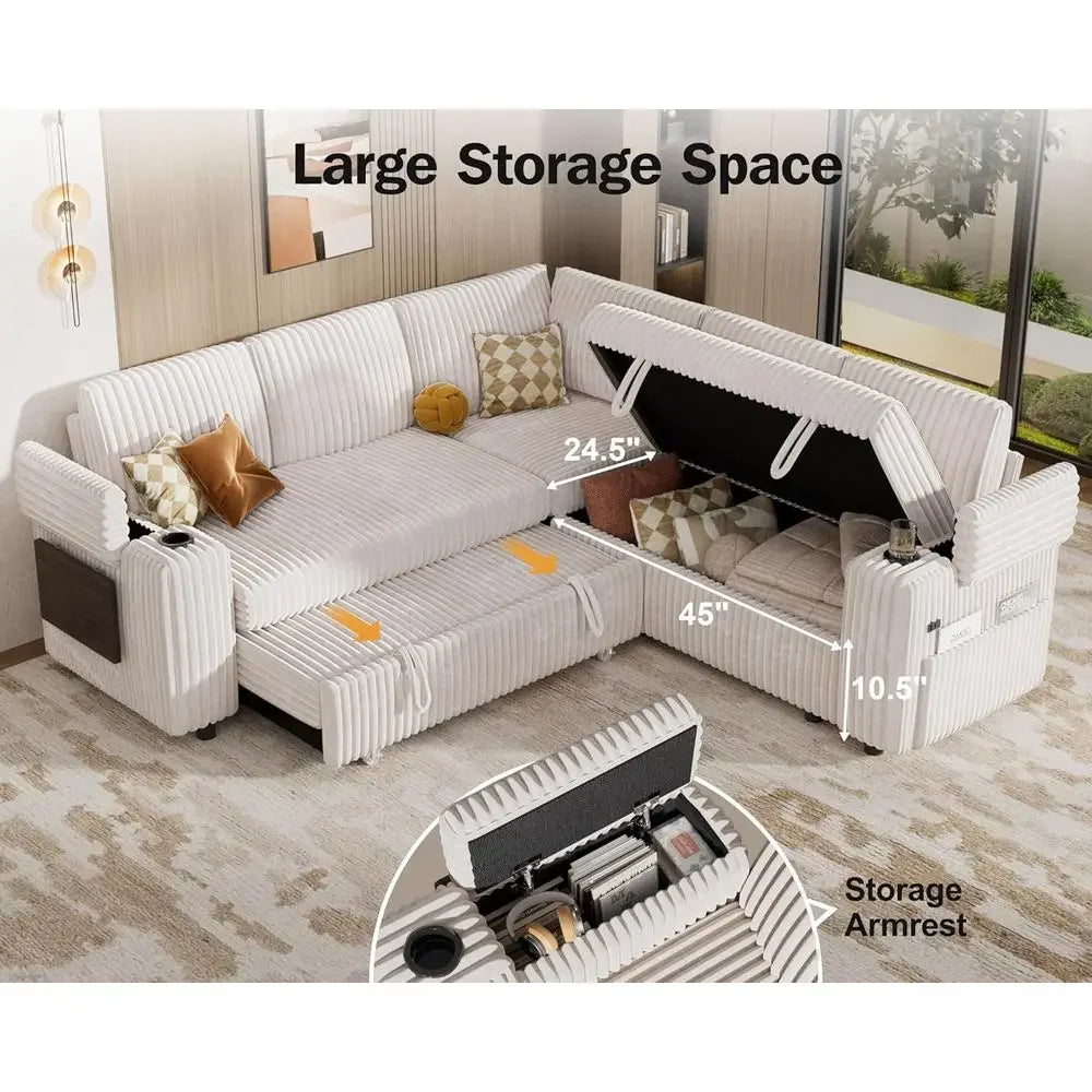 86 Sectional Sofa with Pull-Out Bed, 5-Seat L-Shaped Corduroy Couch,