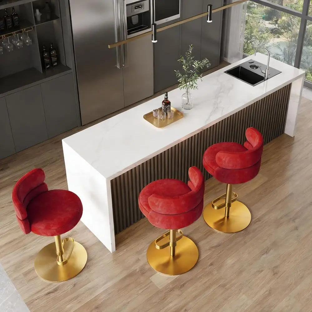 Adjustable Velvet Bar Stool with Gold Base, Red (1 Piece)