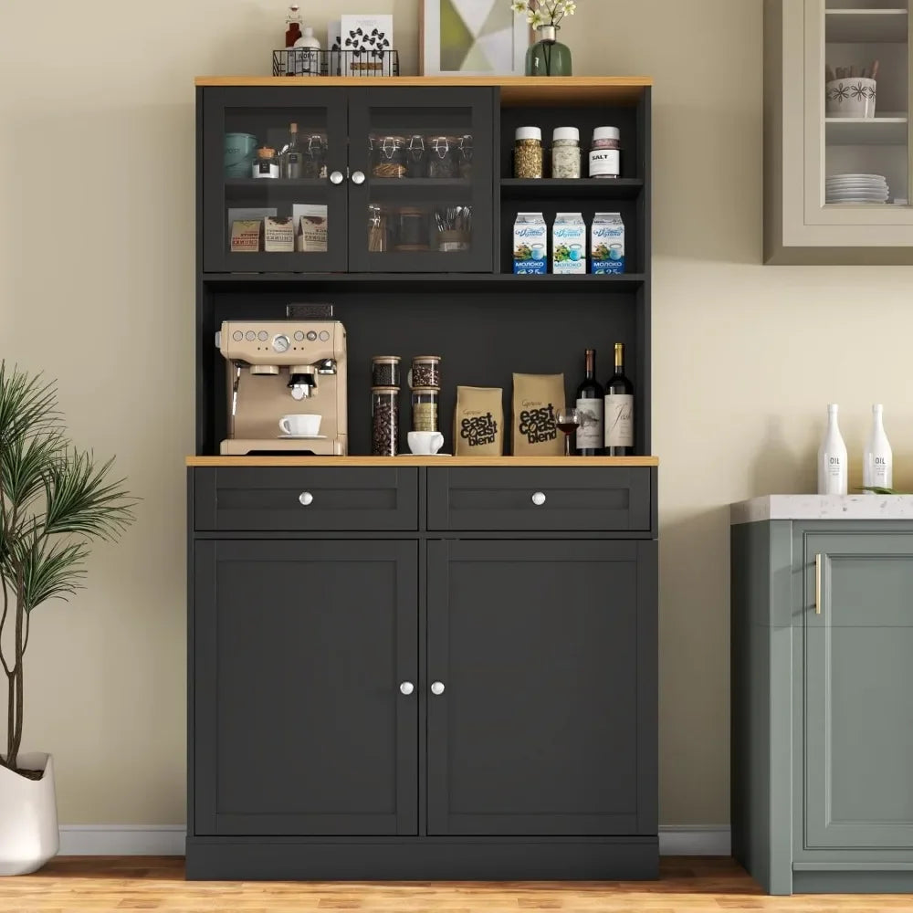 Modern Kitchen Hutch with Microwave Stand, Kitchen Pantry Storage Cabinet with 2 Darwers & Door Shelf，Tall Pantry Cabinet