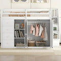 White Full Loft Bed with Stairs, Wooden Bed Frame, Storage and Cabinet, Suitable for Kids, Teens, and Adults