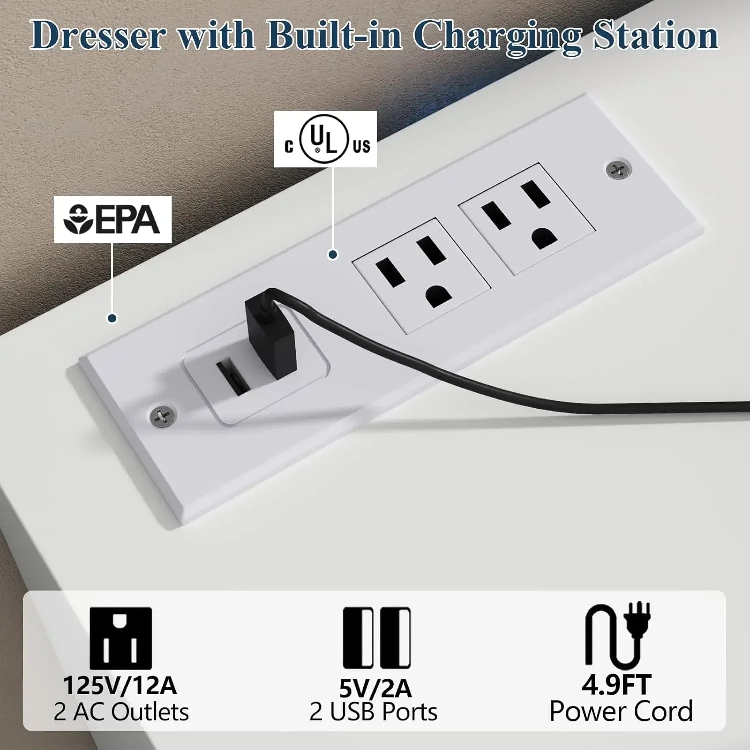 High Quality Postmodern Luxury 12 Drawer White Dresser With Led Lights & Charging Station