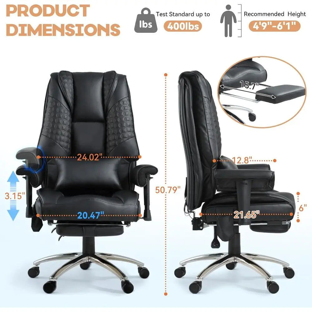 High-Back Leather Desk Chair with Recline, Lumbar Support, and Heating Massage for Home or Office, Black