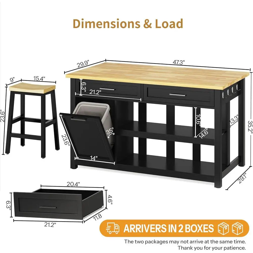 47 Solid Rubberwood Kitchen Island with Storage