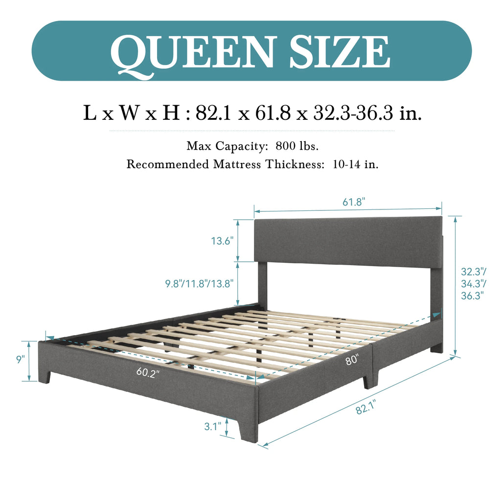 Upholstered Bed Frame with Adjustable Headboard, Soft Linen Fabric