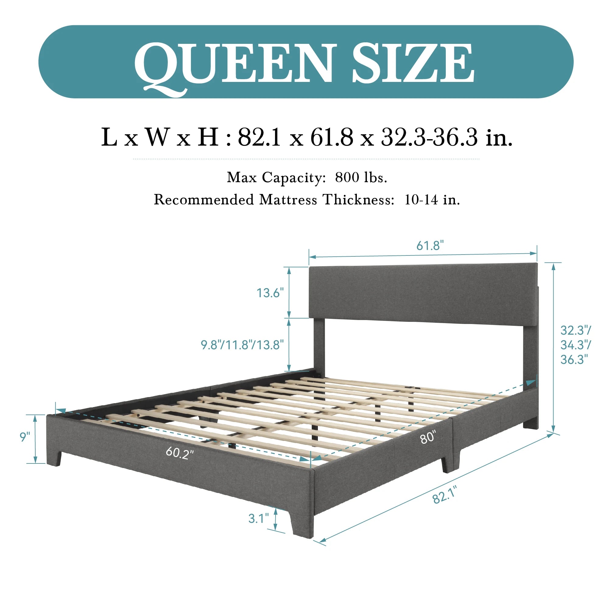 Upholstered Bed Frame with Adjustable Headboard, Soft Linen Fabric