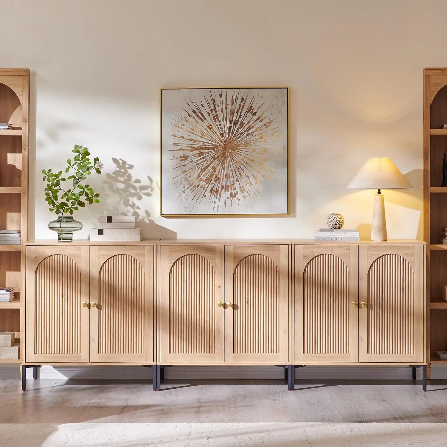 Natural Wide Fluted Arched Wooden Buffet Sideboard Cabinet