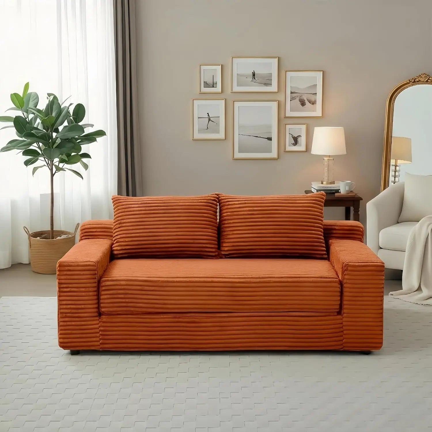 73" Convertible Sleeper Sofa, Comfy Corduroy Foldable Sofa Bed with 2 Pillows