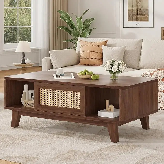 Modern Coffee Table with Rattan Drawer