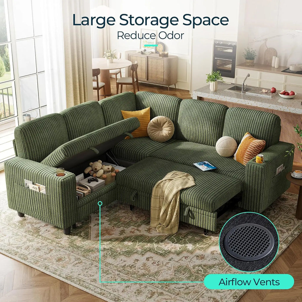 Sectional Couches, 81" L Shape 5 Seats, Green Sleeper Sofa