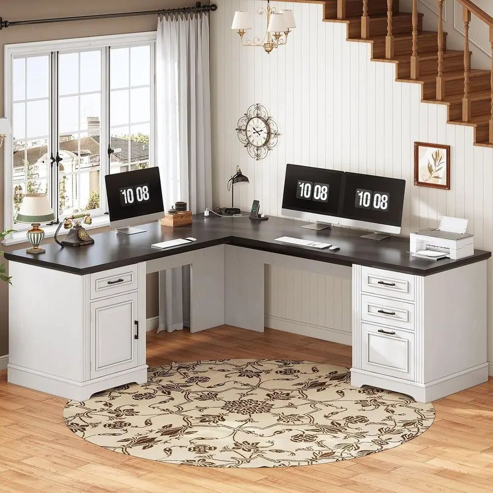 L-Shaped Desk with Drawers, Storage Cabinet, and Power Outlet,