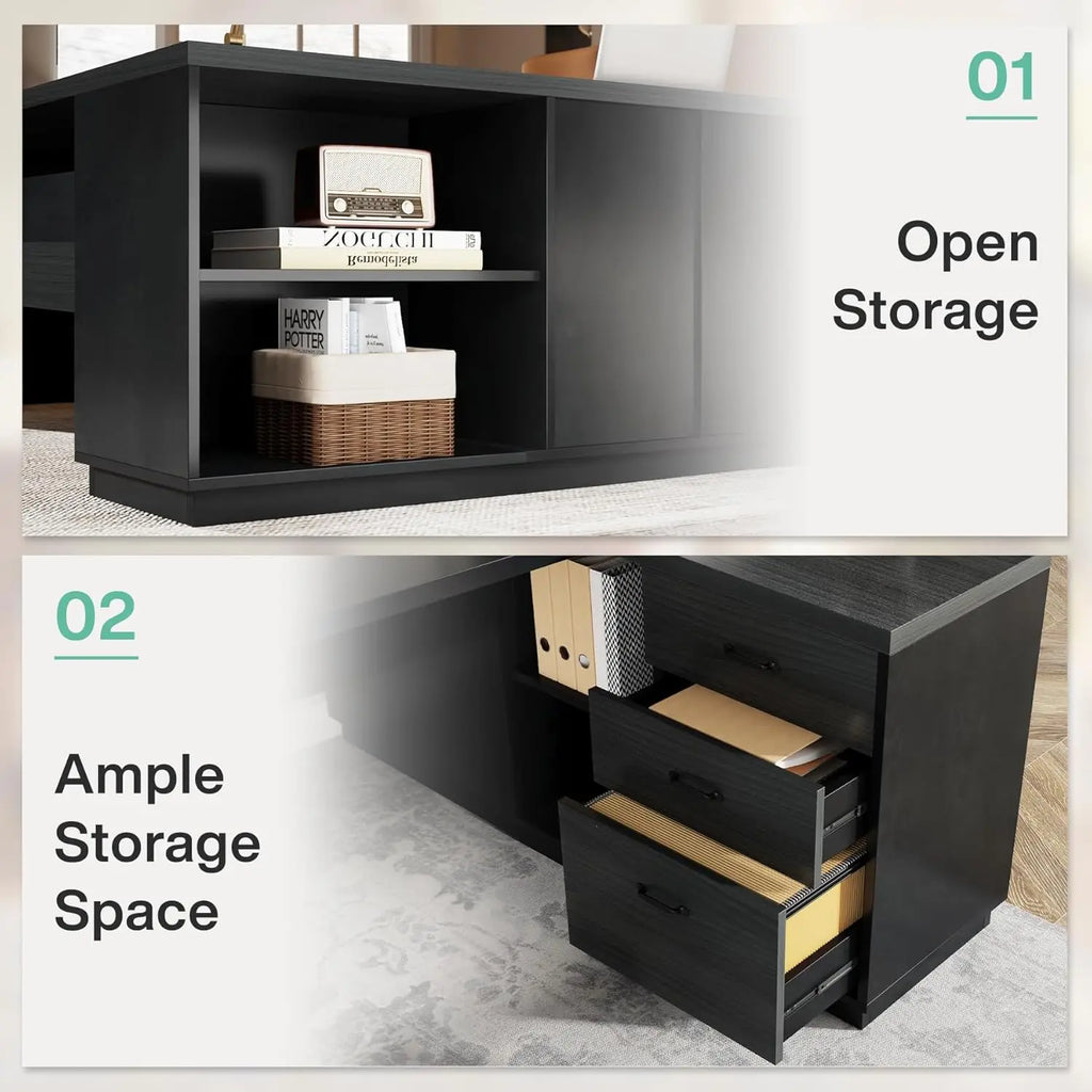 L-Shaped Executive Desk with Drawers & File Cabinet