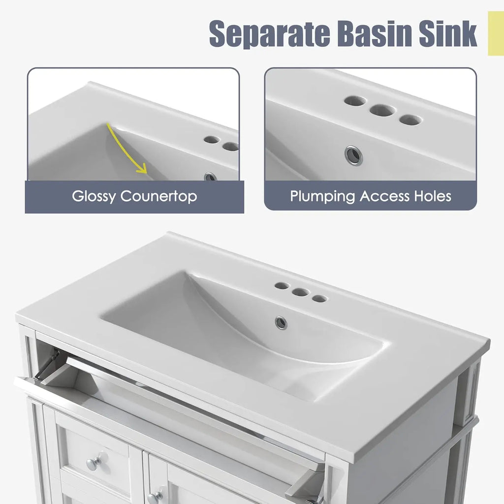 30" Bathroom Vanity Ceramic Sink Modern Freestanding Storage