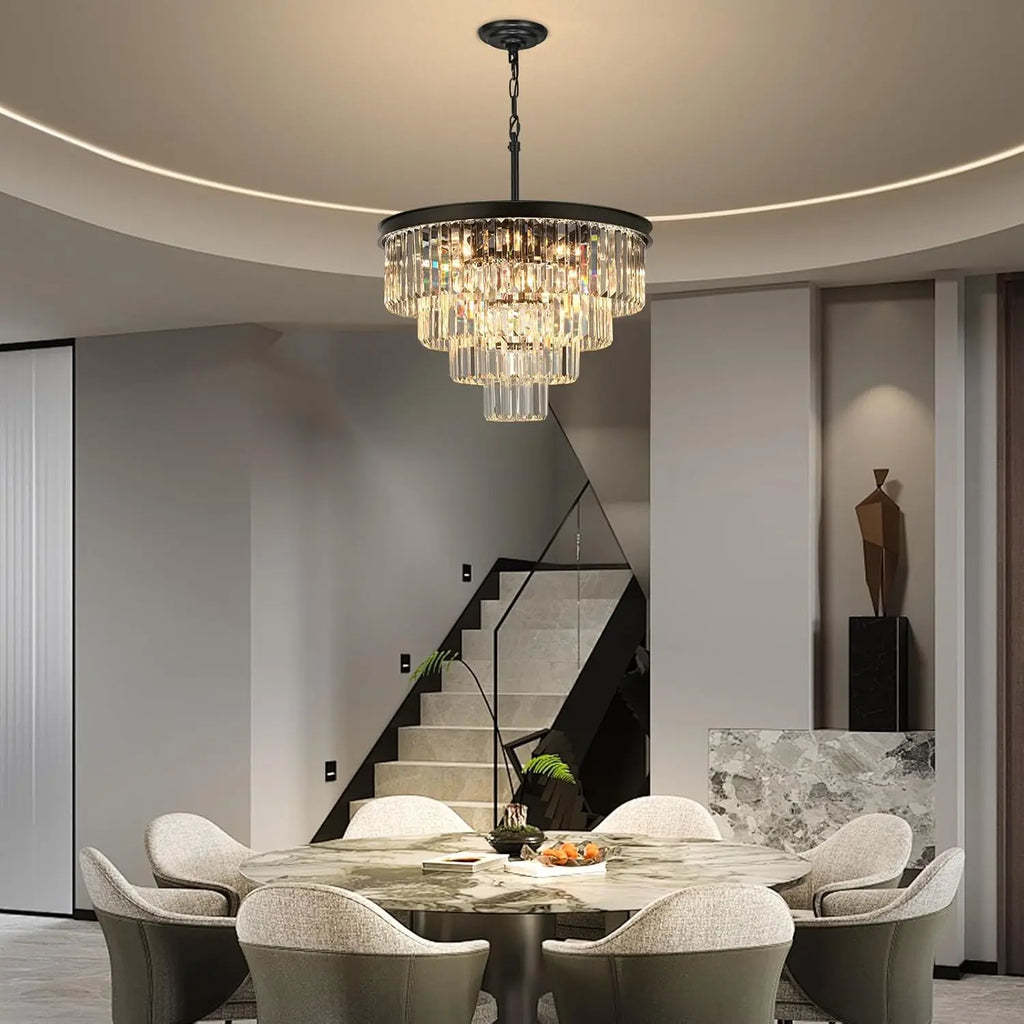 Layered Round Crystal Chandelier 15 Light Black Modern Dining Living Room Bedroom Entryway Kitchen Island 24 Inch
